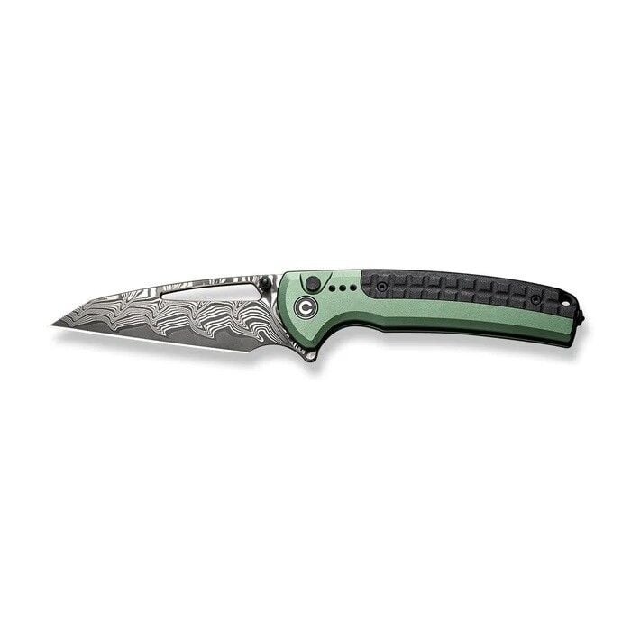 Civivi Sentinel Strike Flipper & Thumb Stud & Button Lock Knife Green Aluminum & FRN Damascus Handle Çakı