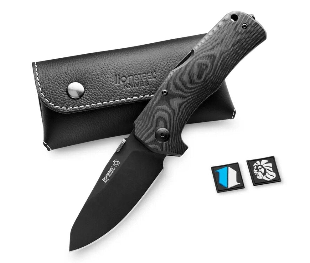 Lionsteel TM1 Special Edition - BladeHQ - Black Camo Carbon Fiber - Black Blade Deri Kılıflı Çakı
