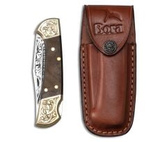 Bora 202 Orta Boy Yuvarlak Uçlu Kök Ceviz Saplı Gravürlü Çakı