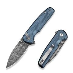 Civivi Mini Shakan Ripple Patterned Blue Aluminum Handle Damascus Blade Çakı