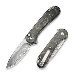 Civivi Shredded Carbon Fiber And Golden Shred In Clear Resin Handle Damascus Blade Çakı